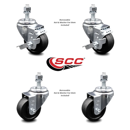 Service Caster 3 Inch Soft Rubber Wheel Swivel 12mm Threaded Stem Caster Brakes SCC, 2PK SCC-TS20S314-SRS-M1215-2-TLB-2